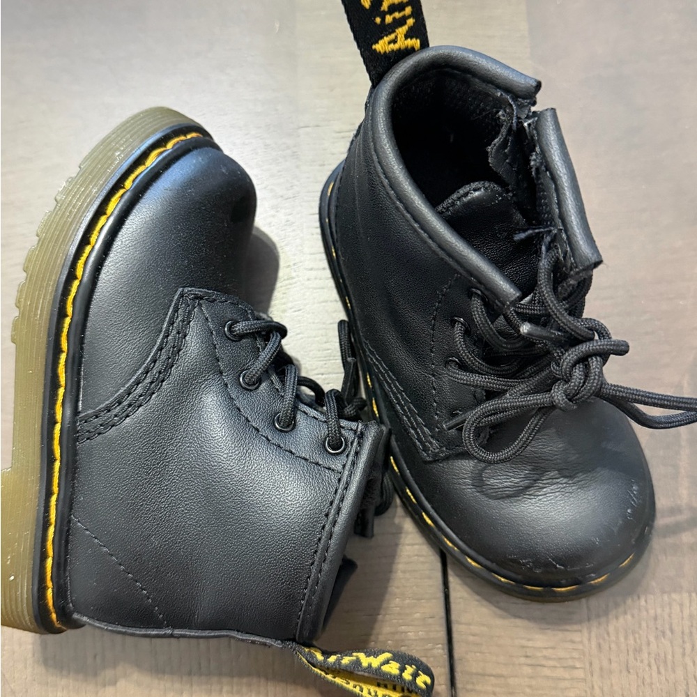 Dr. Martens Kids Black Lace-Up Boots with Yellow Stitching